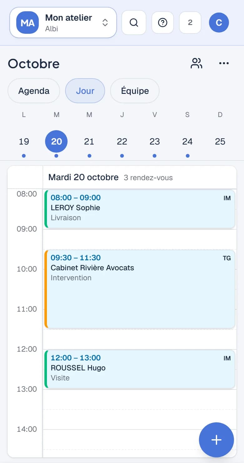 Planning du jour sur le téléphone du technicien.